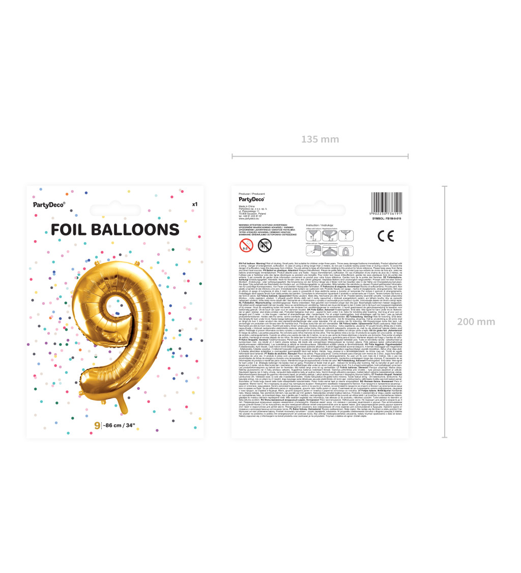 Fóliový balónek zlatý - číslo 9 (86cm)