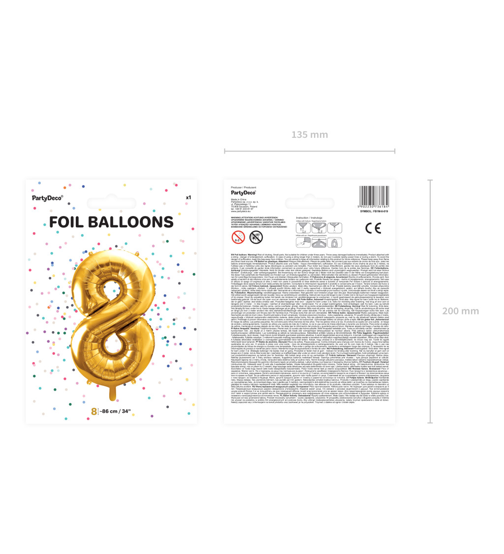 Fóliový balónek zlatý - číslo 8 (86cm)