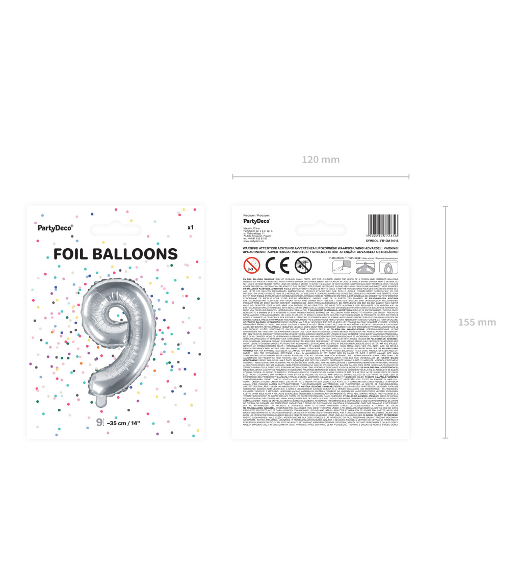 Fóliový balónek stříbrný - malé číslo 9 (35cm)